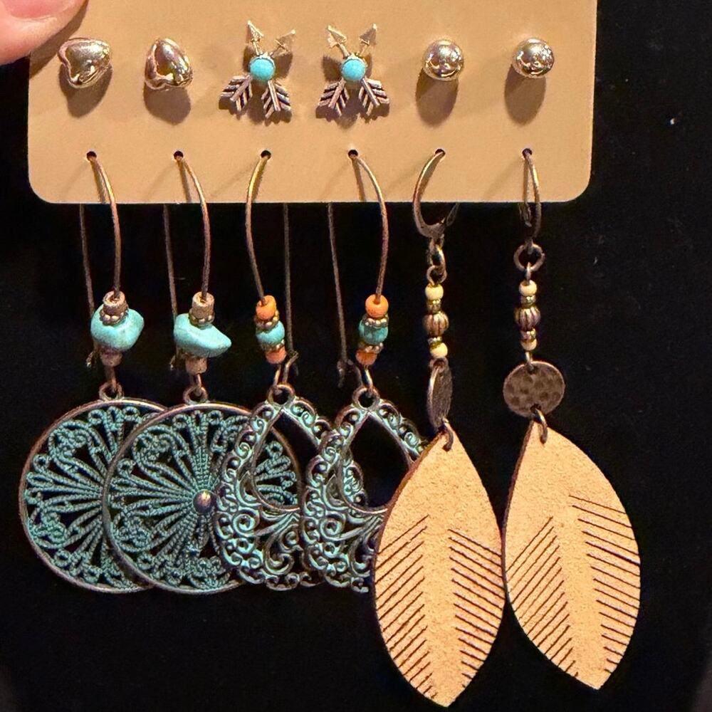 NWT Bohemian earring 6-pair set vintage-inspired studs and dangles silver tone